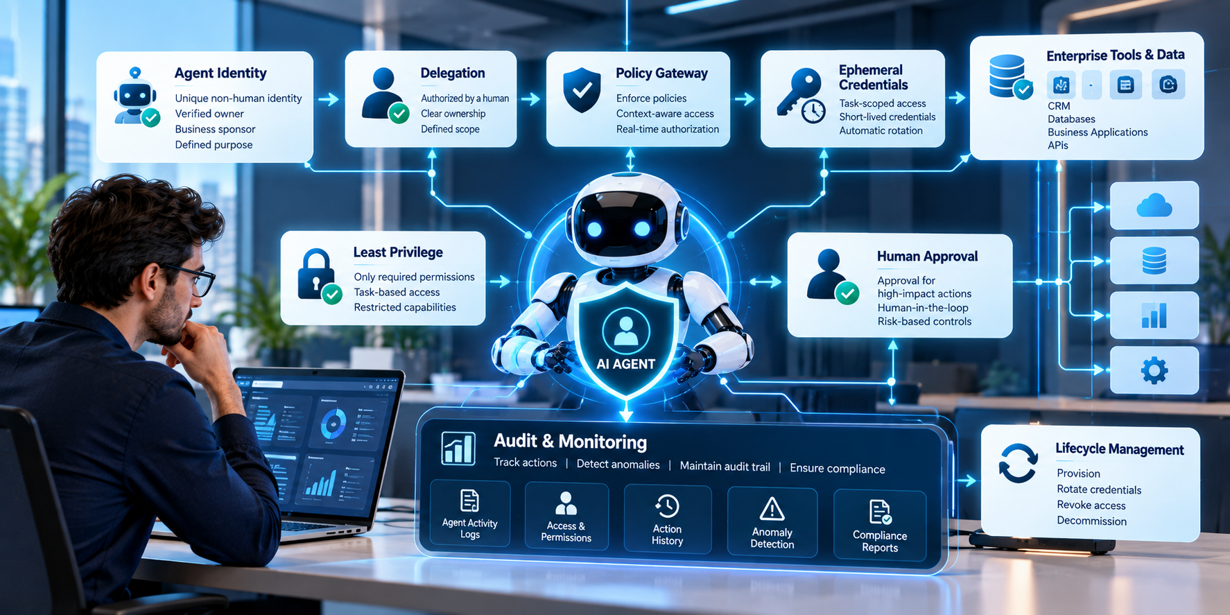 AI agent identity and governance production architecture with secure access and monitoring