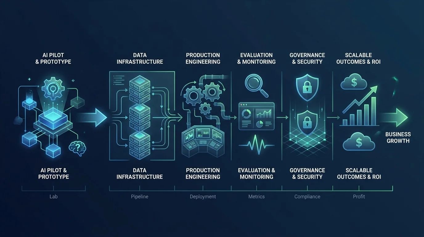 Enterprise AI production journey from pilot through engineering, monitoring and governance to measurable business ROI