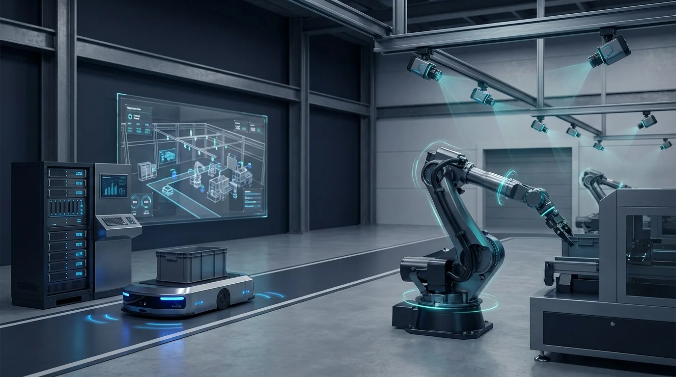 Physical AI manufacturing system combining computer vision, edge intelligence, robotics and digital twins on a factory floor
