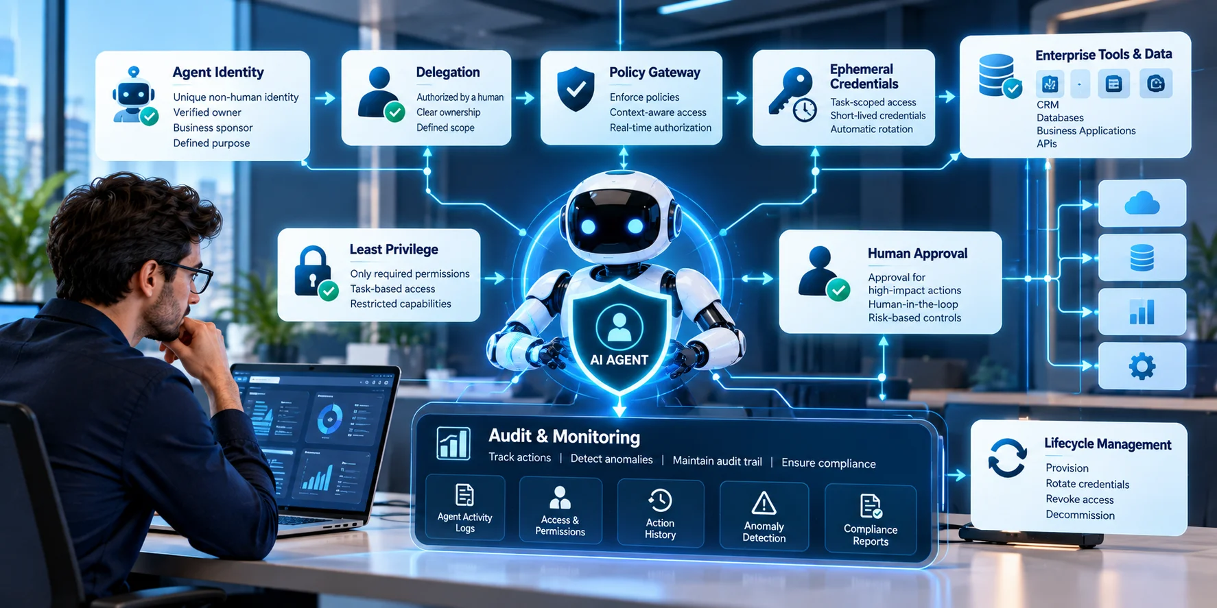AI agent identity and governance production architecture with secure access and monitoring